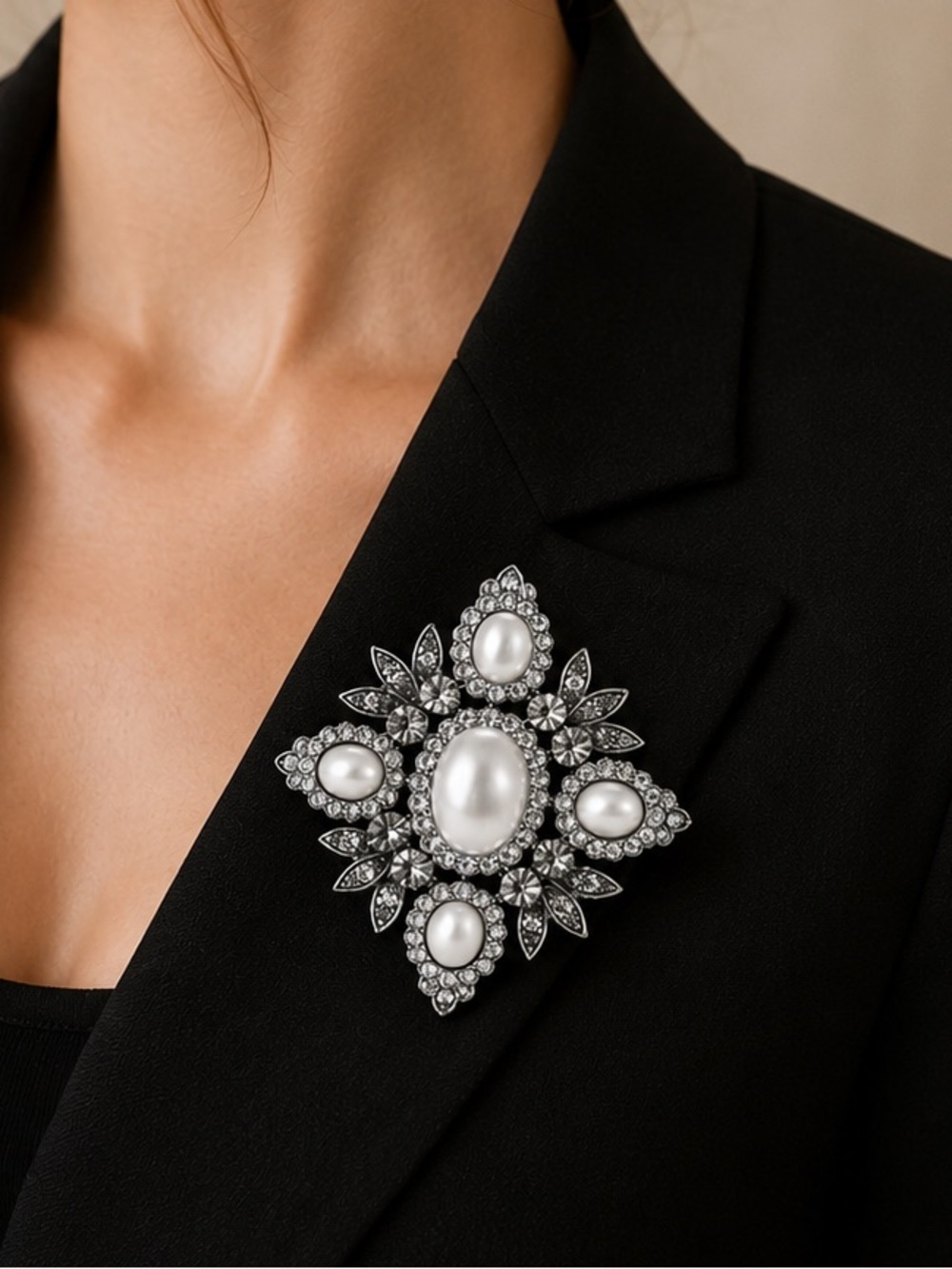Victorian Pearl Crystal Floral Brooch
